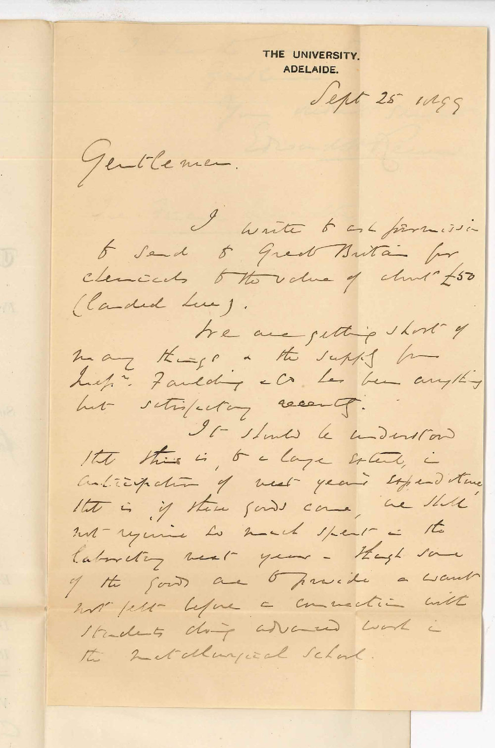 Professor Edward Henry Rennie - University - Request for &pound;50 for Chemical Laboratory