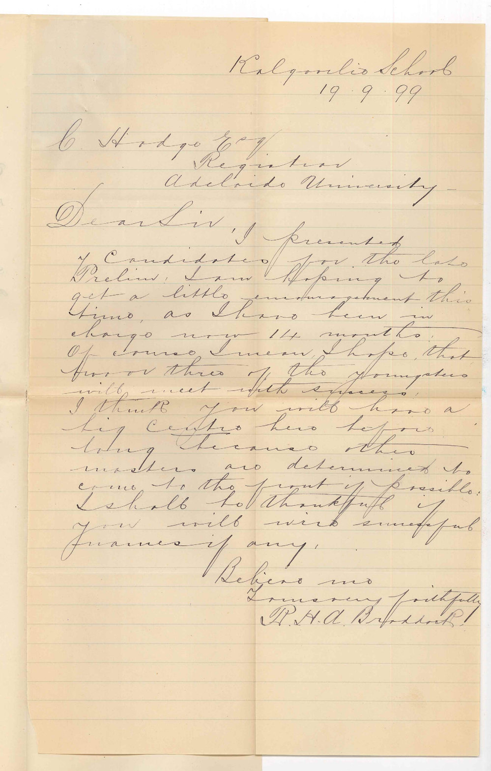 R H A Braddock - Kalgoorlie - Request to wire results of Preliminary Examination