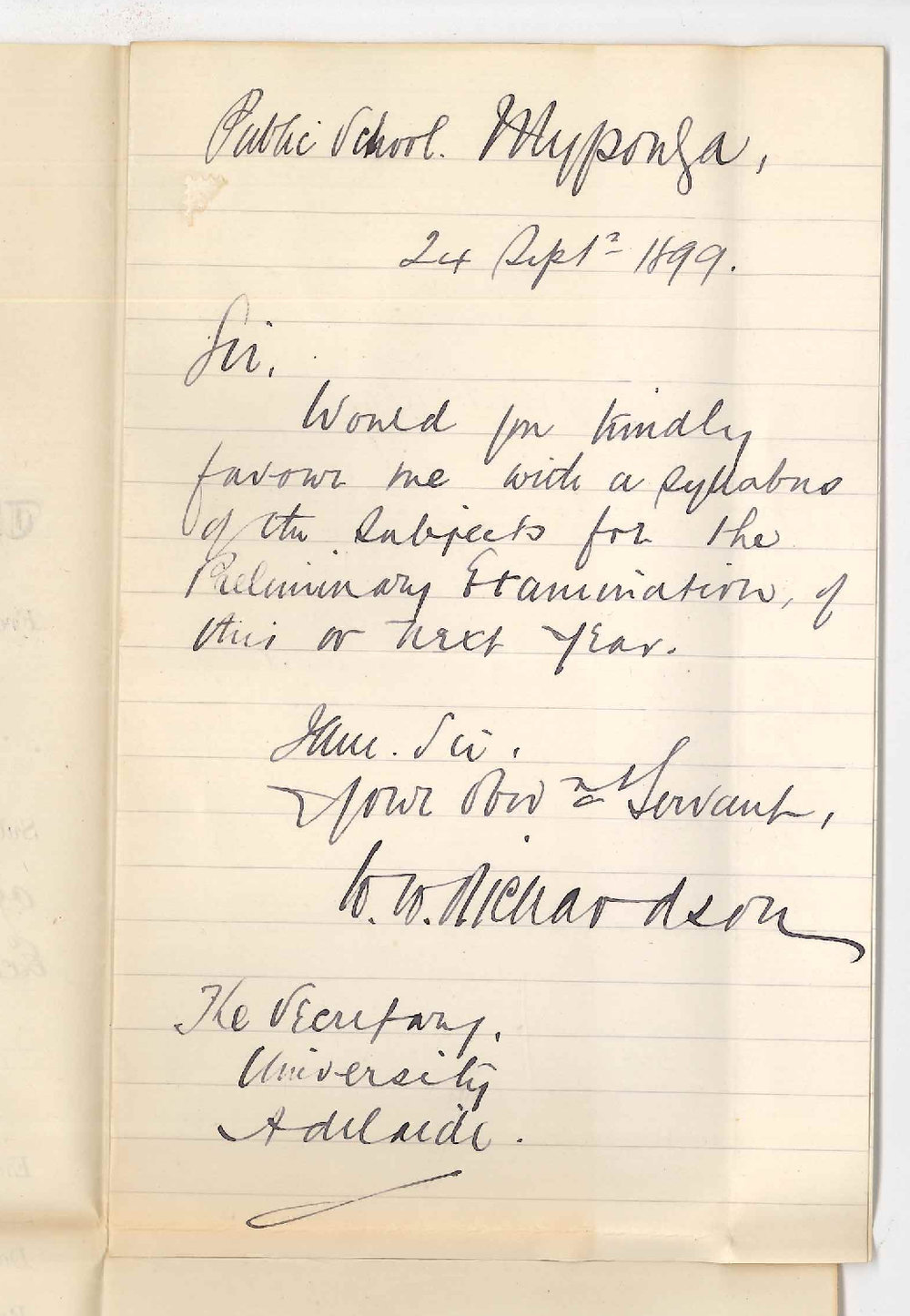 W W Richardson - Public School Myponga - Requesting details of subjects for Preliminary Examination