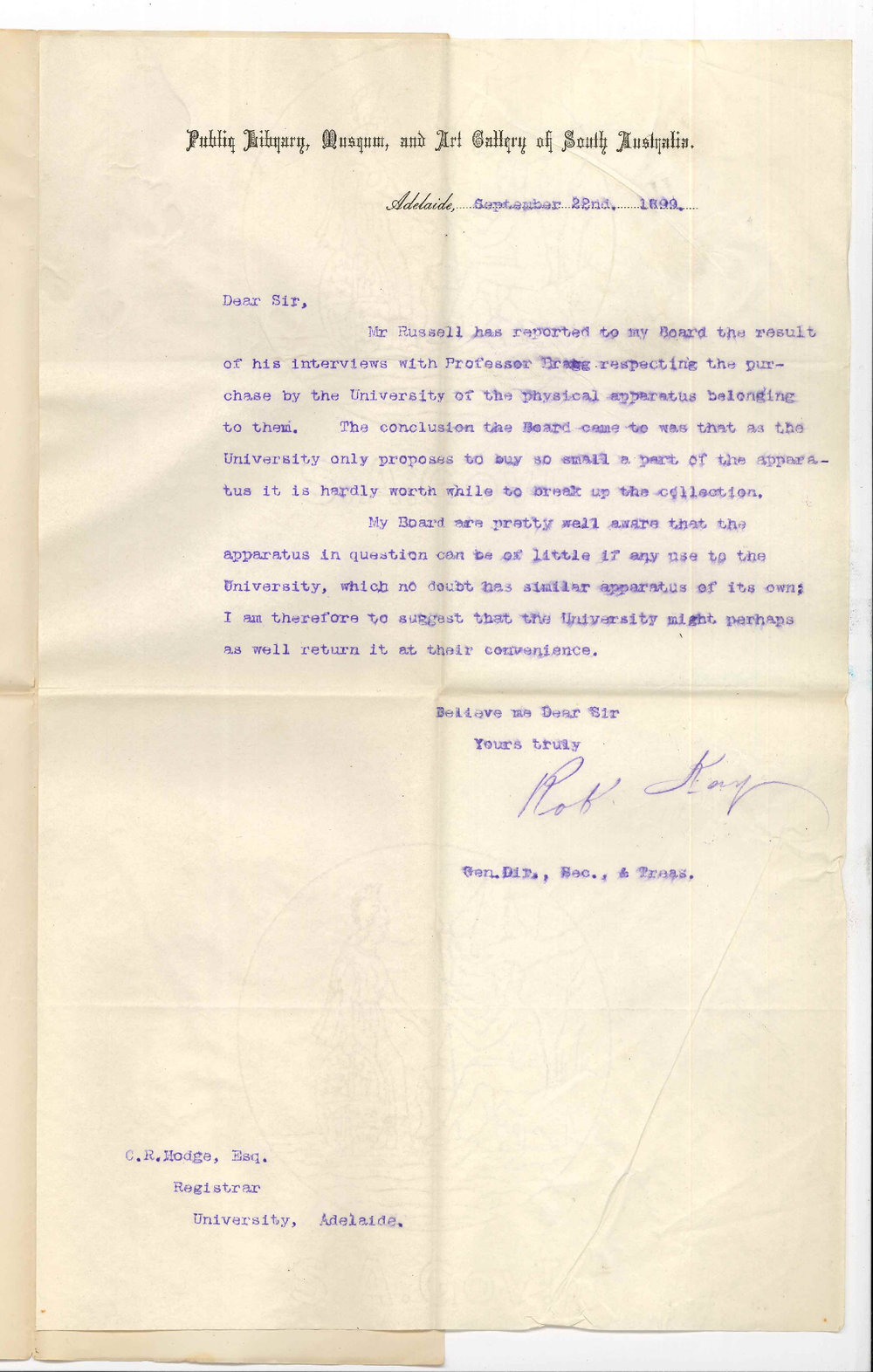 Robert Kay - Secretary - Public Library Museum and Art Gallery - Physical Apparatus lent University