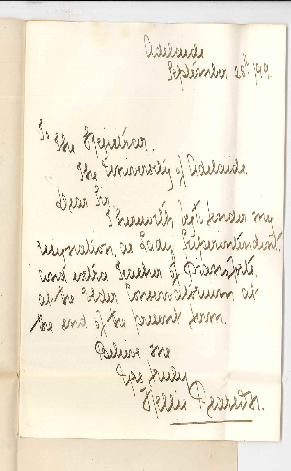 Miss Nellie Pearson - Conservatorium - Resigning position as Lady Superintendent and Extra Teacher of Pianoforte