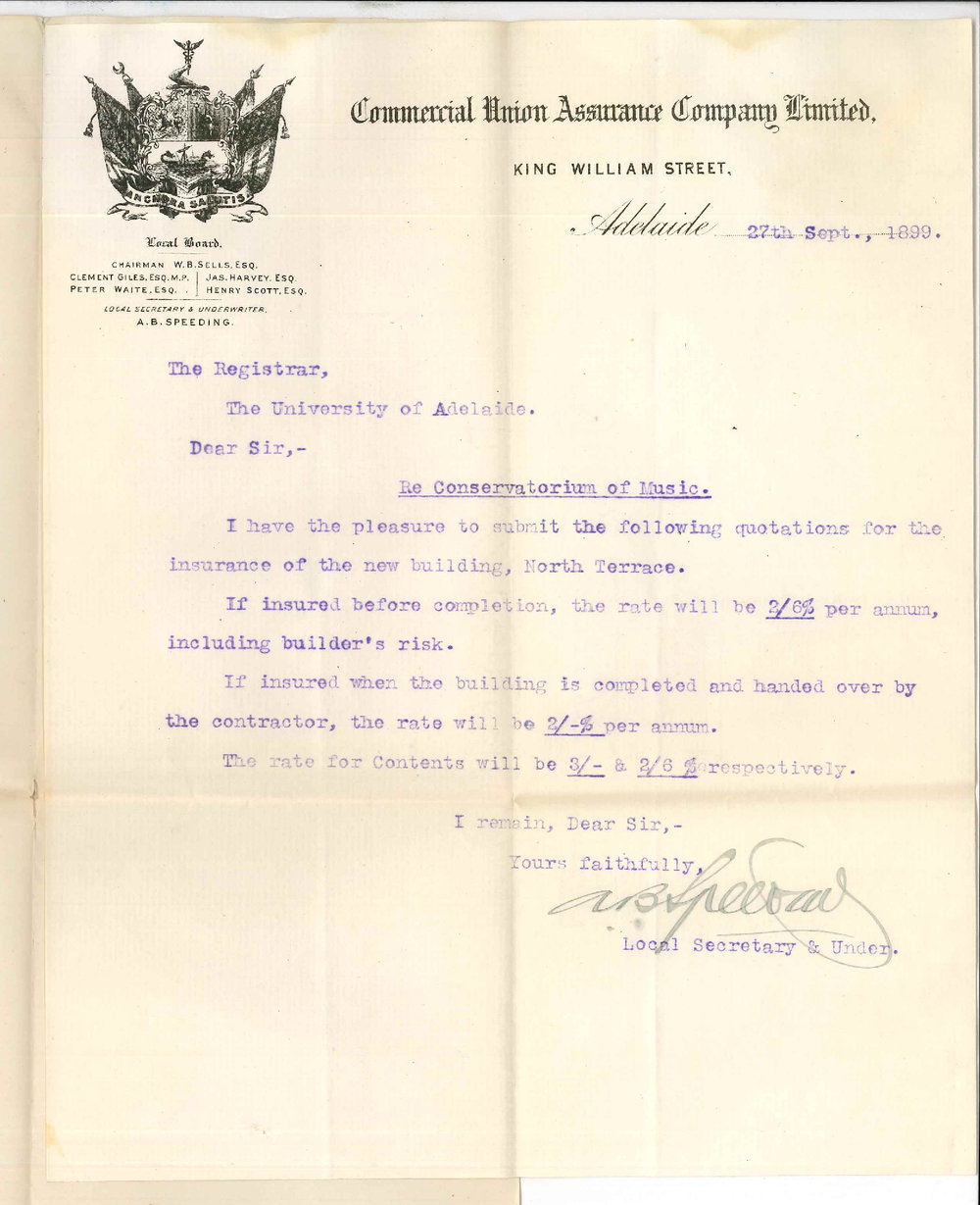 A B Speeding - Commercial Union Assurance Company - Quotations for insurance of The Conservatorium of Music