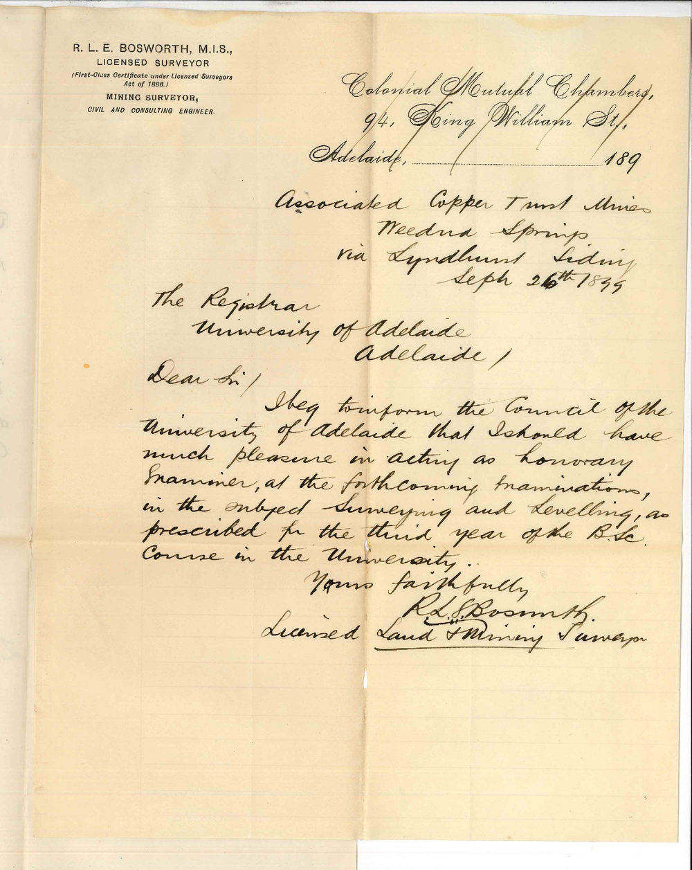 R L E Bosworth - Weedna Springs - Offering to act as Examiner in Surveying and Levelling 3rd Year BSc Course