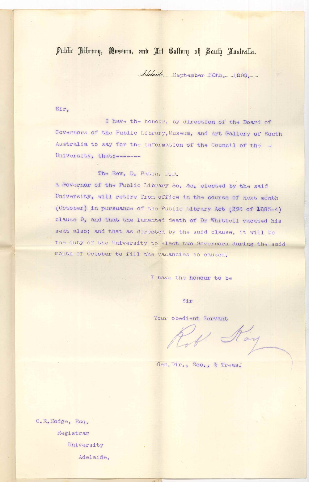 Robert Kay - Public Library - Election of representatives of University on Public Library Board