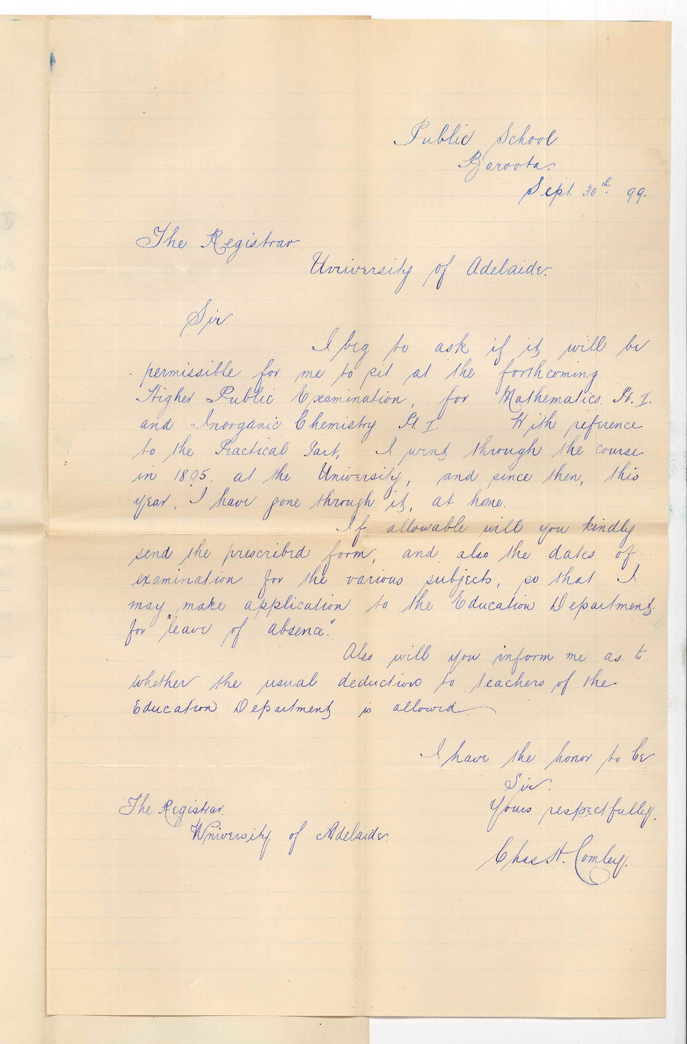 Charles H Cowley - Public School Baroota - Higher Public Examination