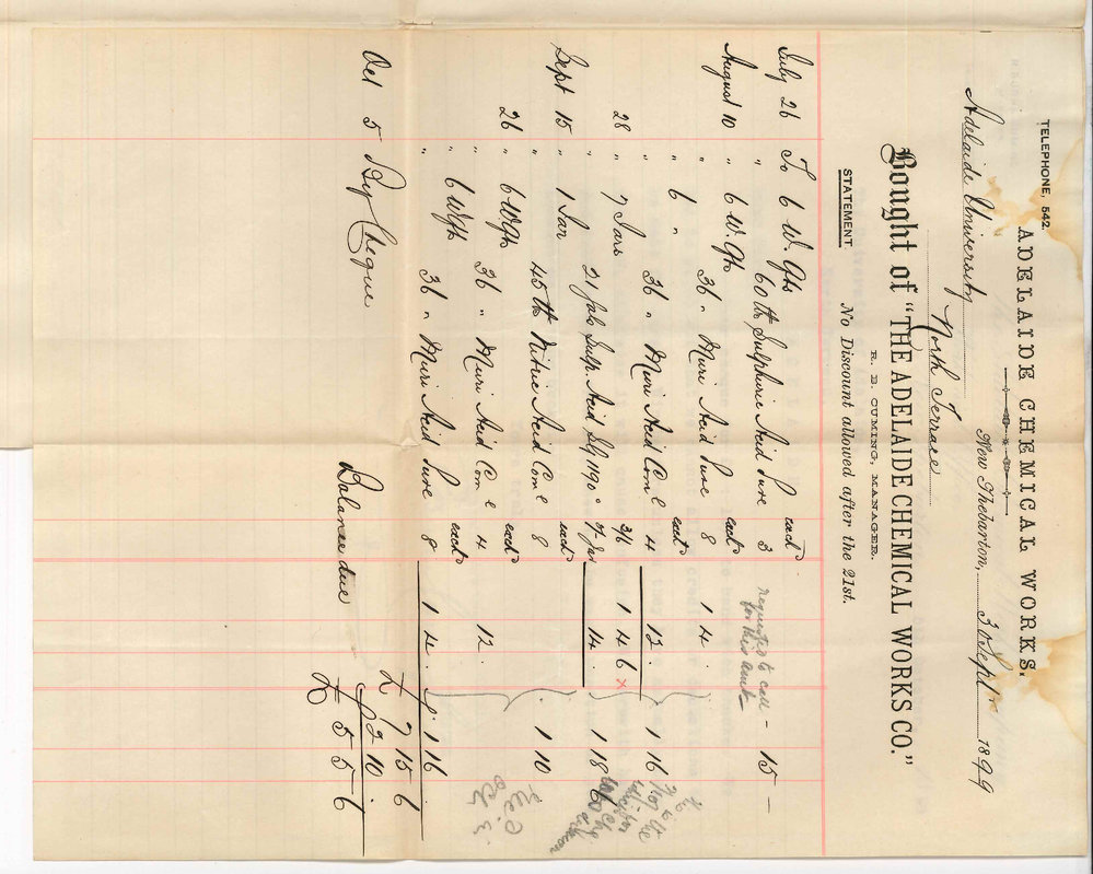 R Burns Cuming - Adelaide Chemical Works - Concerning Statement of Account