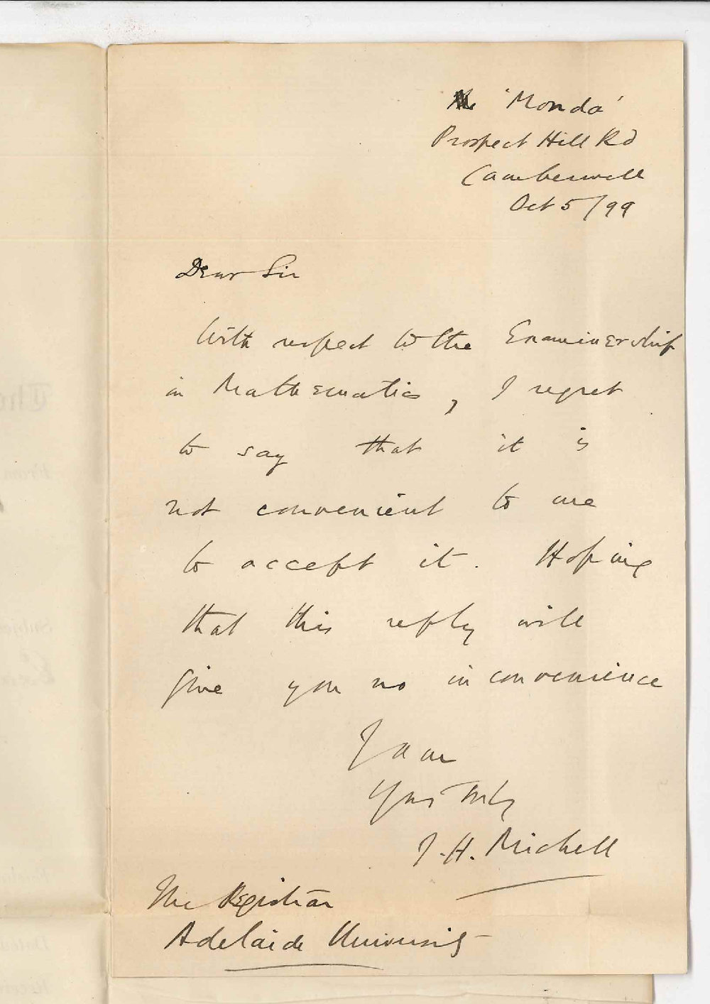 J H Michell - Camberwell Victoria - Unable to act as Examiner