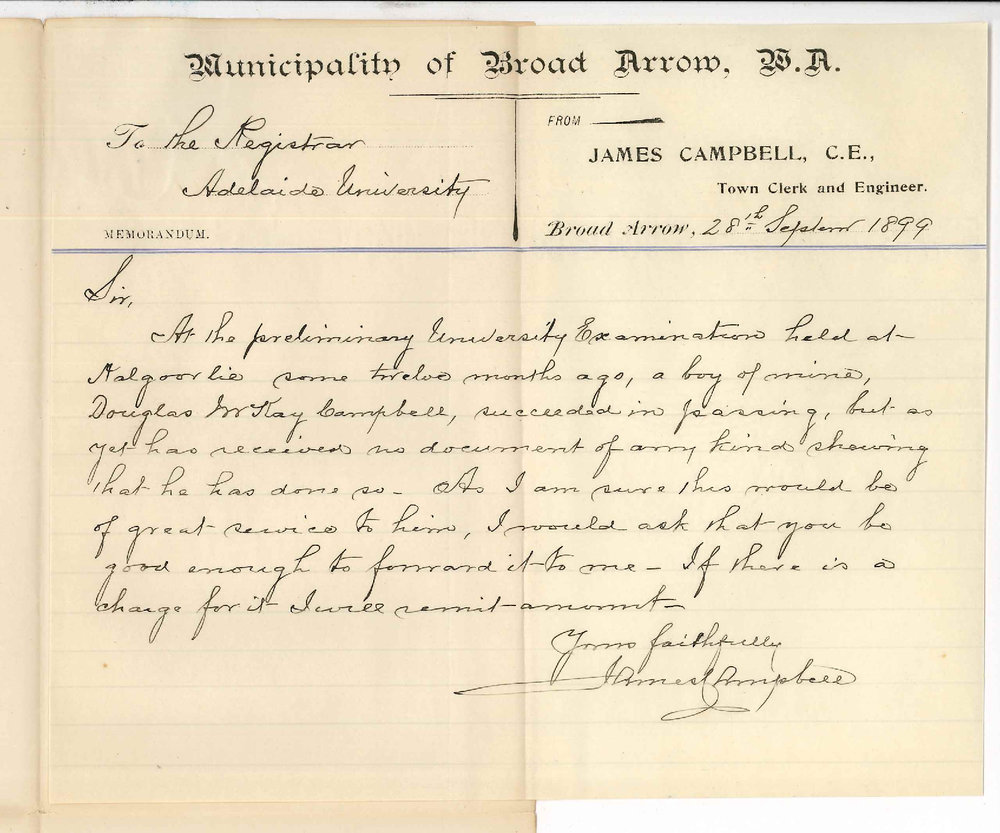 James Campbell - Municipality of Broad Arrow WA - Request for evidence of son passing Preliminary Examination