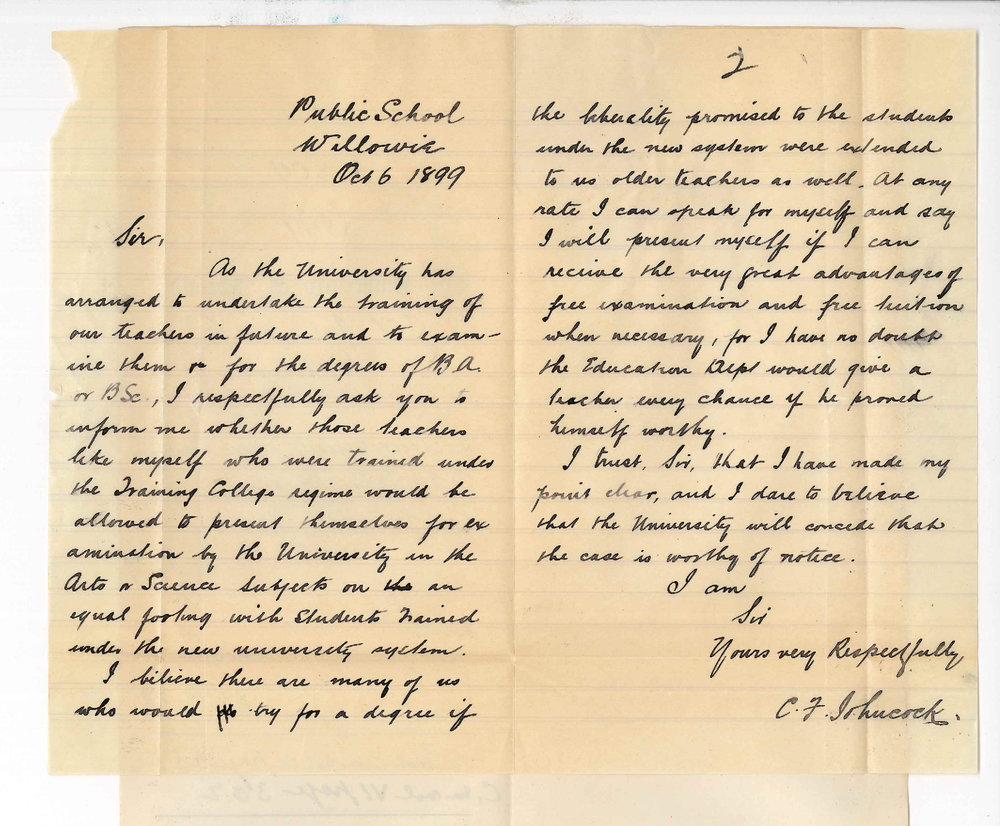 C F Johncock - Willowie - Concerning new regulations BA and BSc Degrees