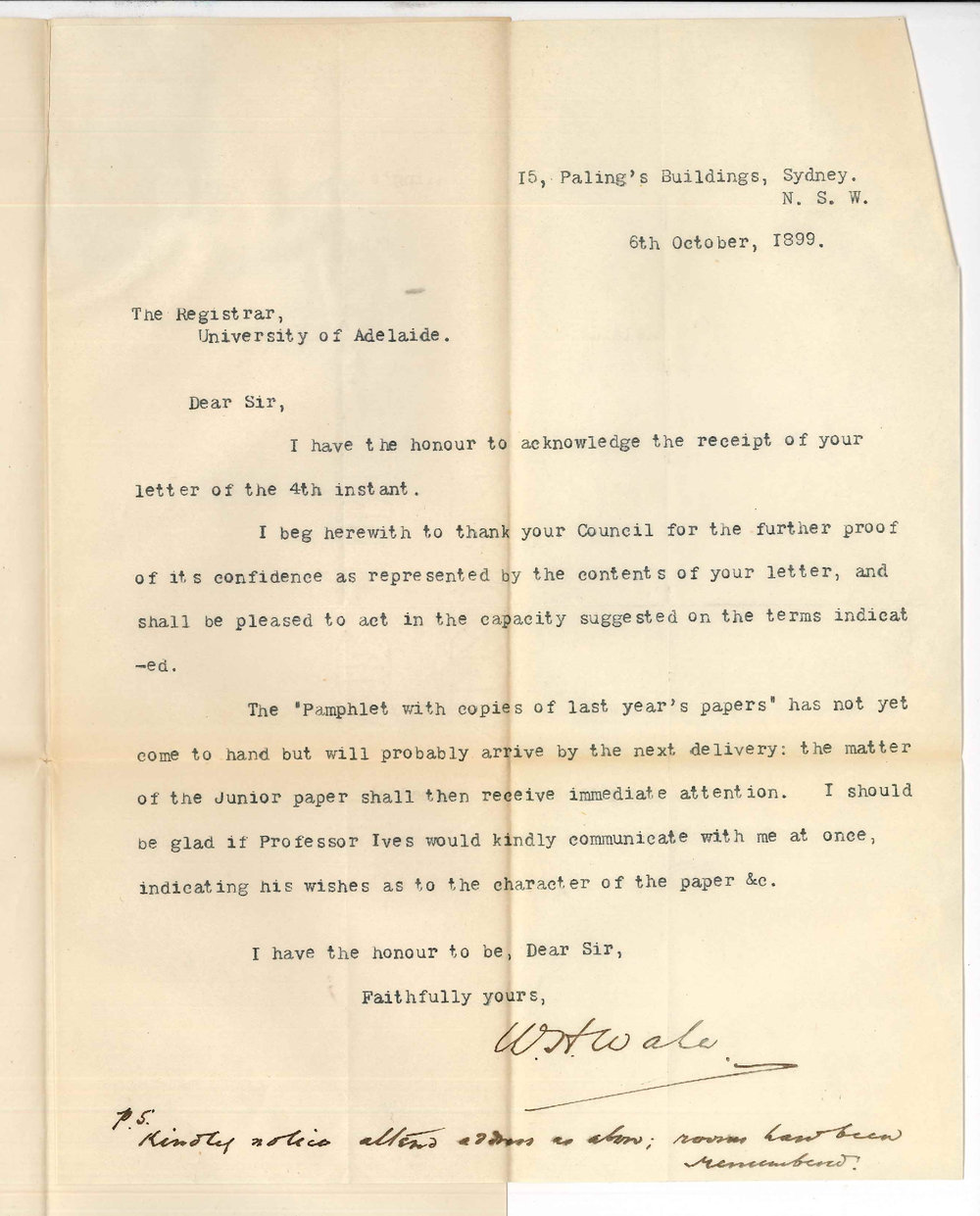 W H Wale - Sydney - Consenting to act as Examiner