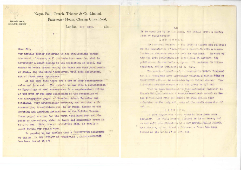 Kegan Paul and Trench and Trubner and Company Limited London - List of Publications during month of August