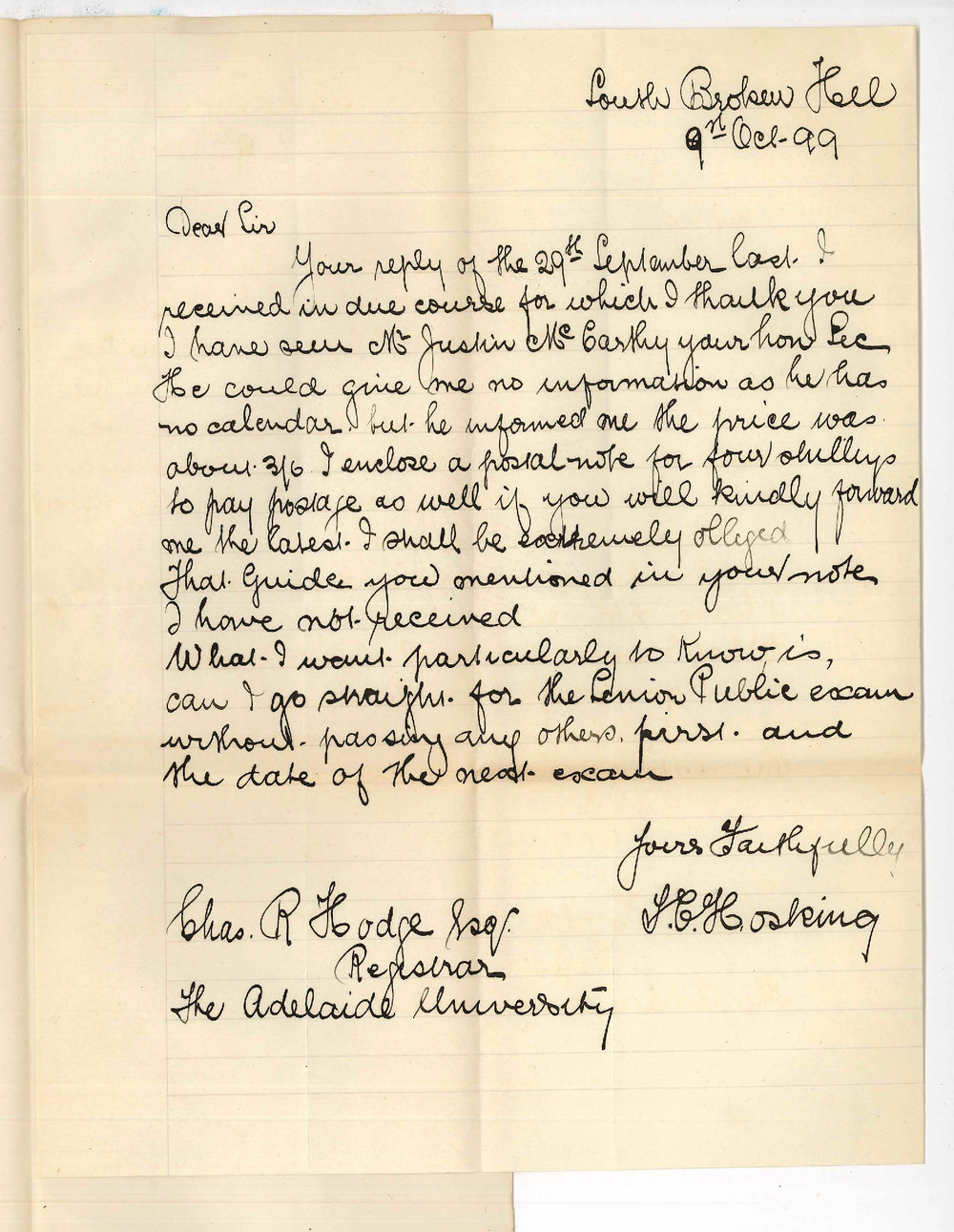 T C Hosking - South Broken Hill NSW - Information concerning MB Course