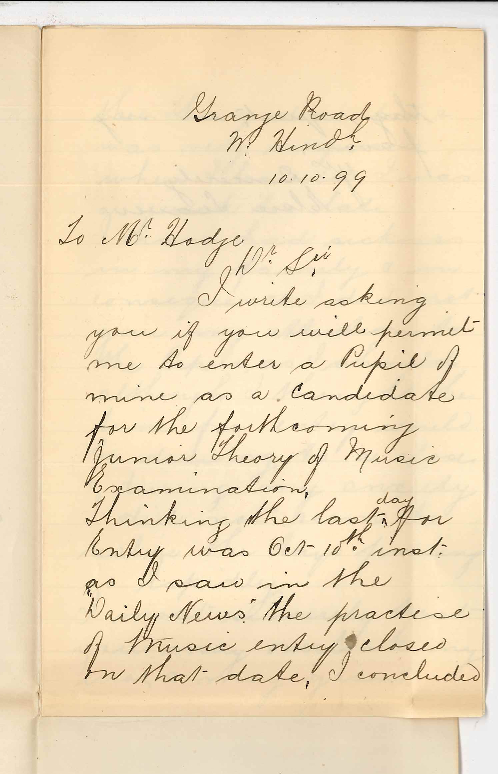 Miss Elsie Leaver - West Hindmarsh - Entry for Theory Examination