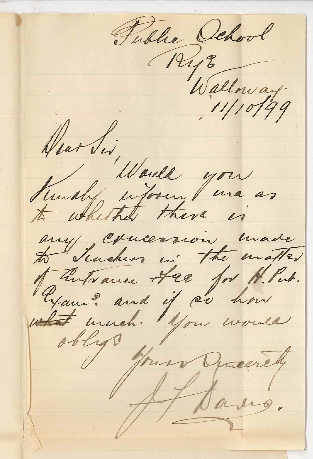 J F Davis - Public School - Rye Walloway - Higher Public Examination Fee