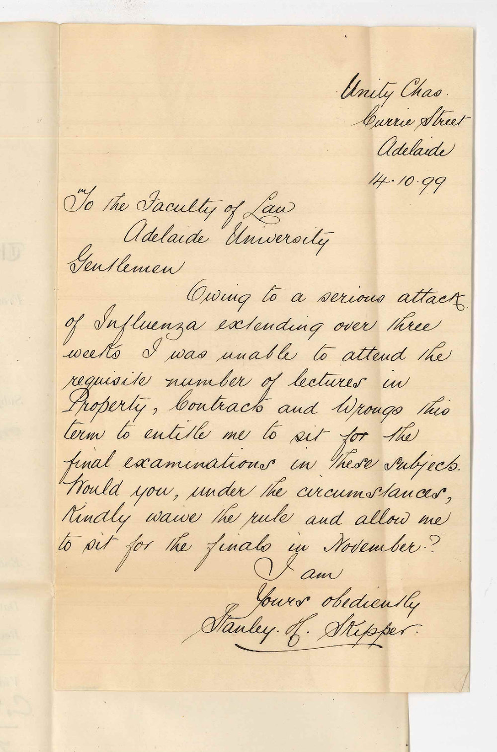 Stanley H Skipper - Adelaide - Credit for attendance of lectures