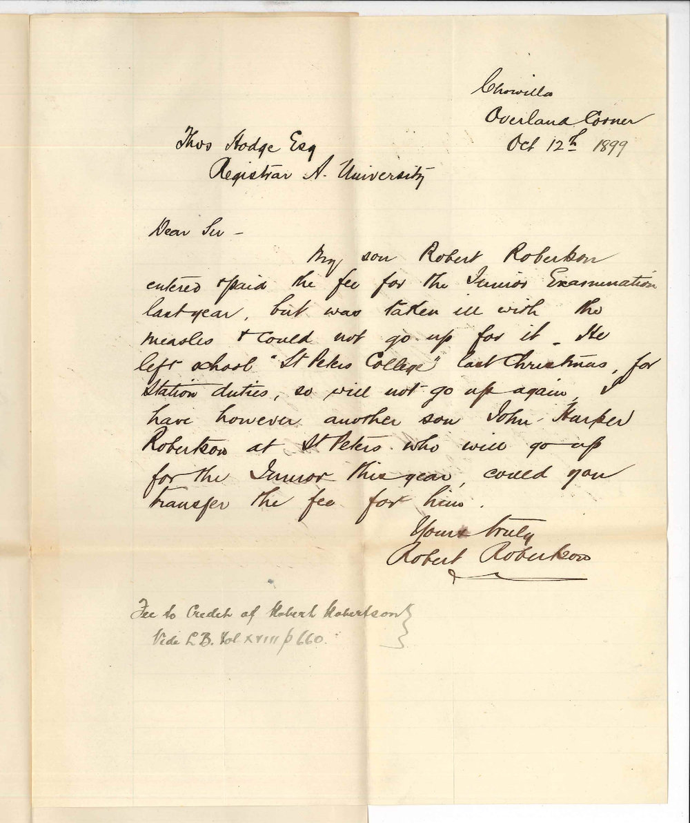 Robert Robertson - Overlaud Corner - Transfer of fee to credit of John Harper Robertson for Junior Public Examination