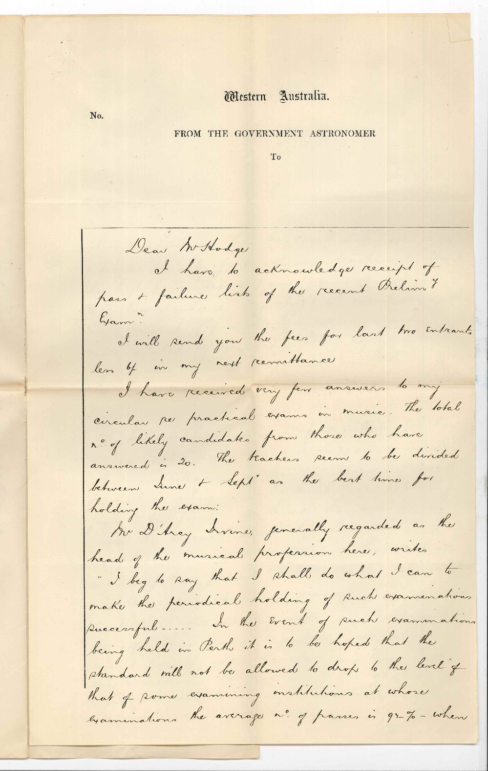 W Ernest Cooke - Honorary Secretary - Government Astronomer - Western Australia - Public Examinations in Perth