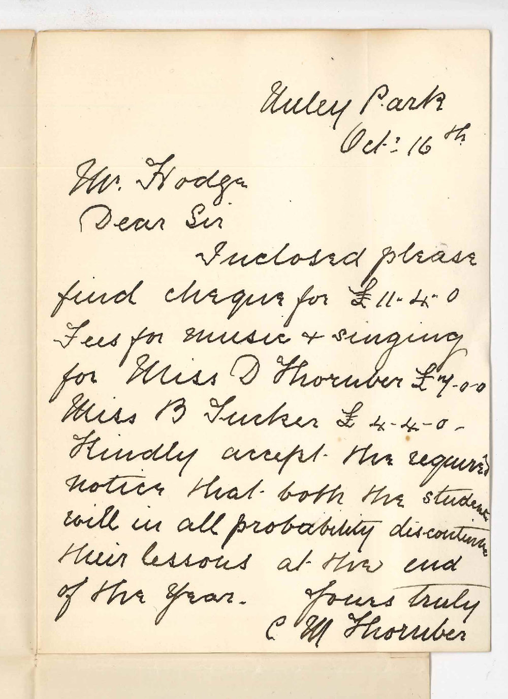 Miss C M Thornber - Unley Park - Miss D Thornber and Miss B Tucker will not continue lessons at the Conservatorium