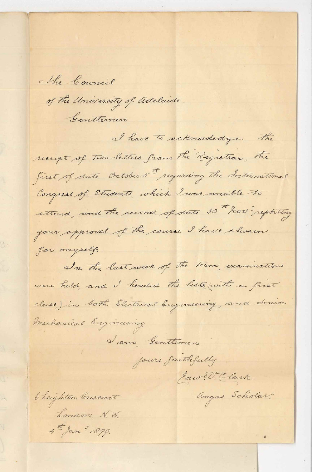 Edward V Clark - London - Acknowledging letters of 5th October and 30th November 1898 Successful in Examinations