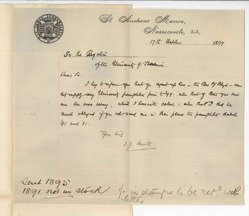 Reverend T J Smith - Narracoorte - Requesting preliminary pamphlets