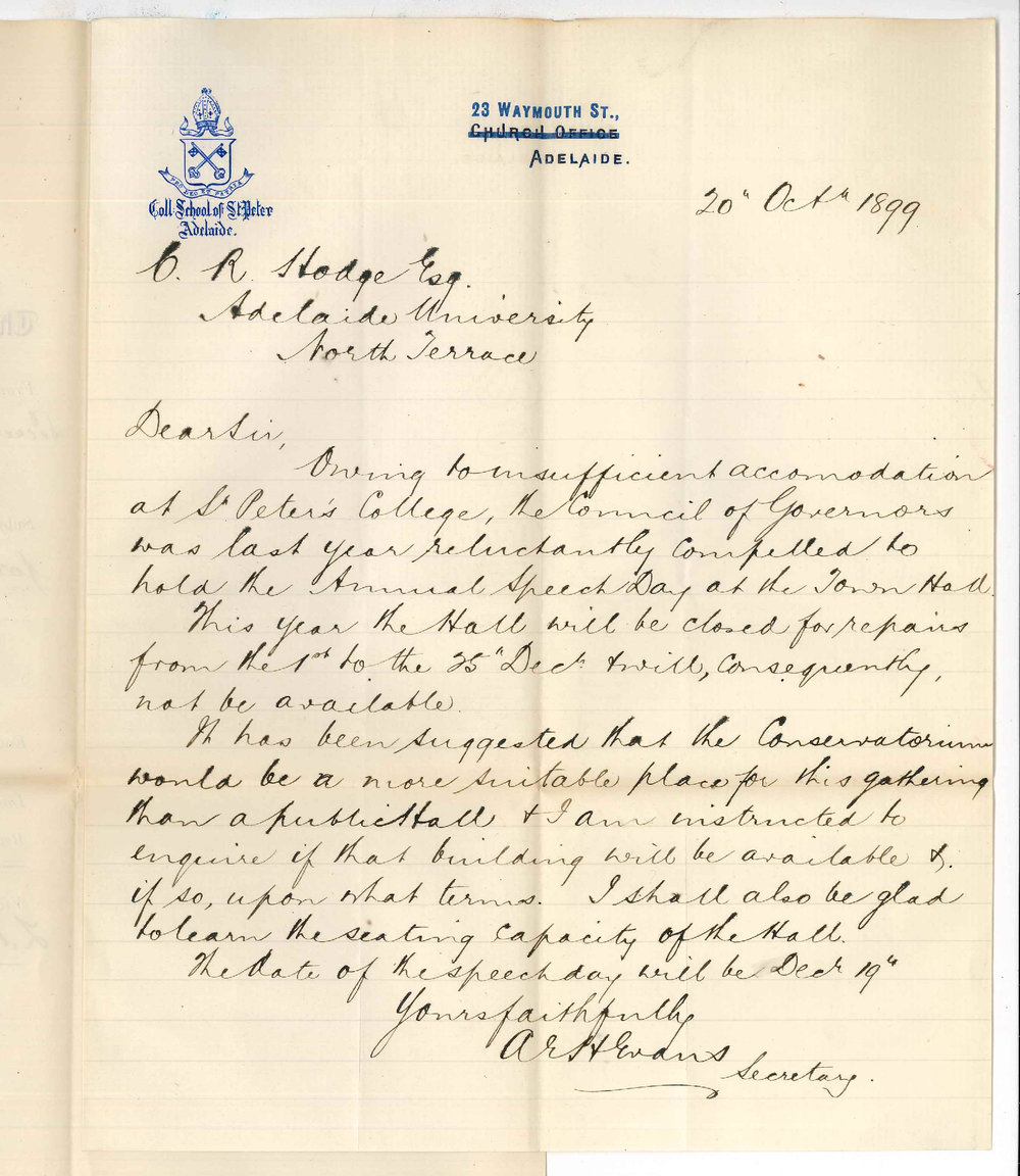 A E H Evans - Secretary - St Peters College - Use of Conservatorium for Annual Speech Day