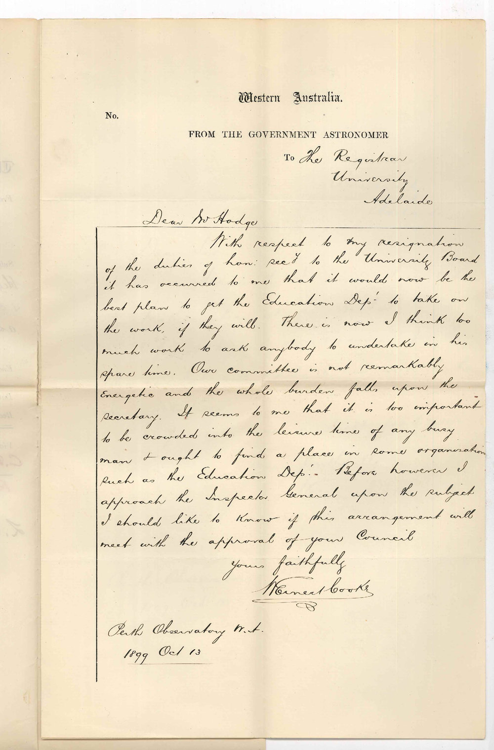 W Ernest Cooke - Honorary Secretary - Government Astronomer - Western Australia - Forwarding entries for Higher Public Examinations and resignation as Local Honorary Secretary