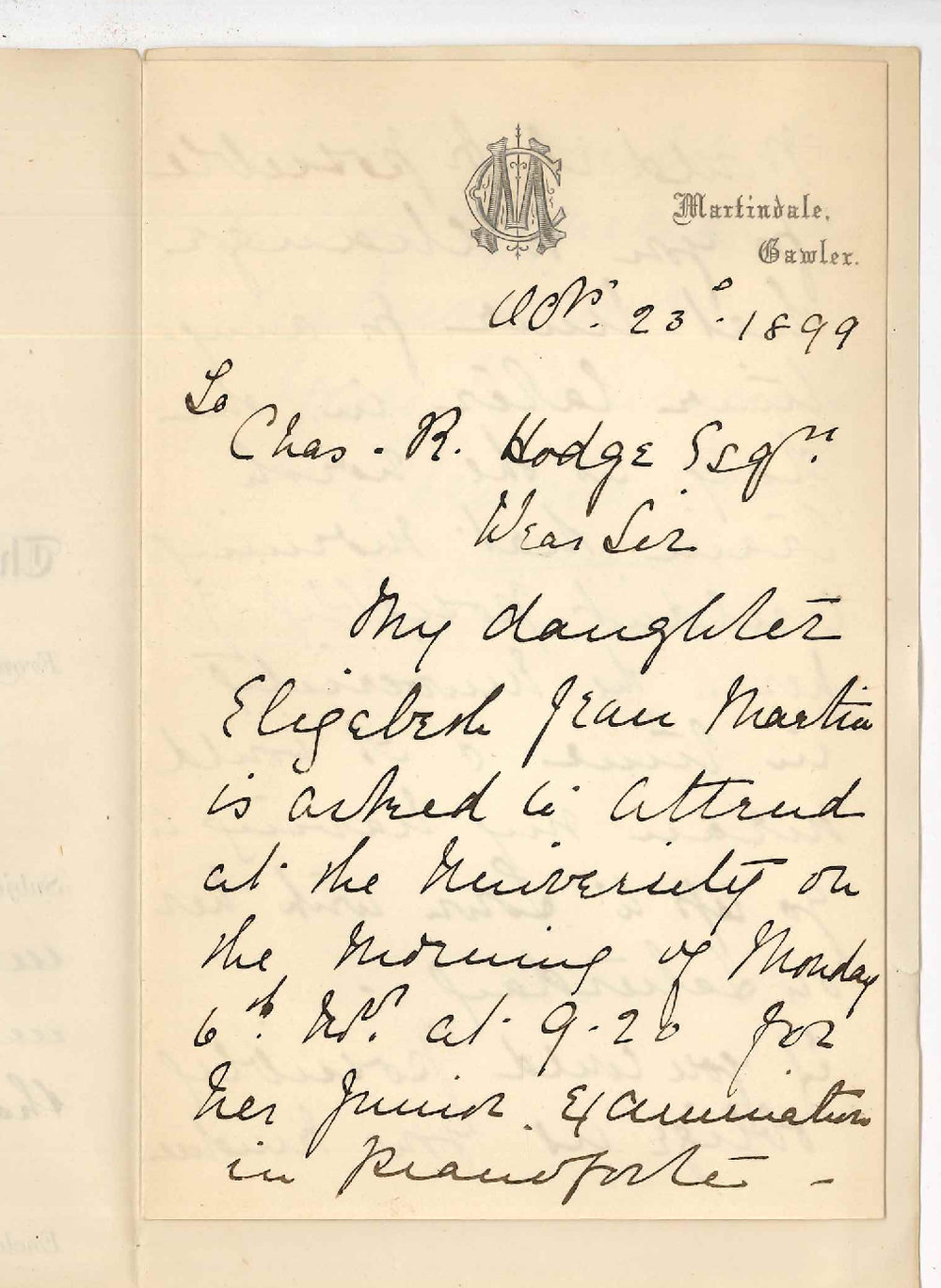 Mrs Christina Martin - Gawler - Asking that daughter Elizabeth Jean Martin may attend Examination in Practice of Music later on 16 November
