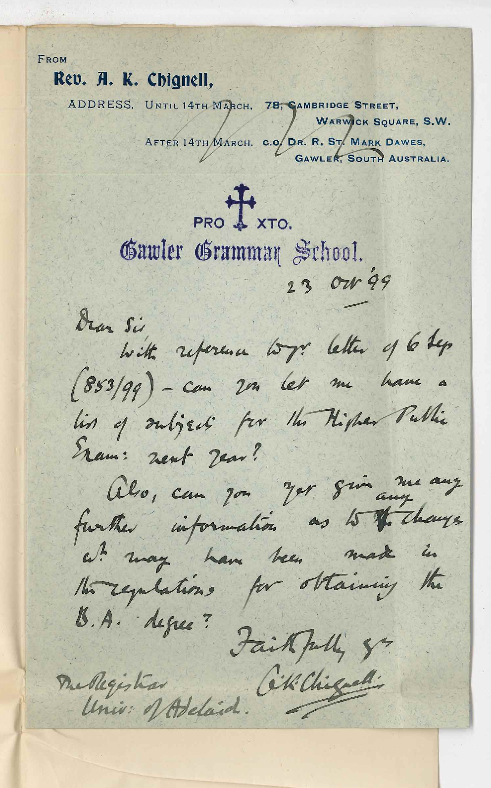 Reverend Arthur Kent Chignell - Gawler Grammar School - Higher Public Examination - BA Regulations