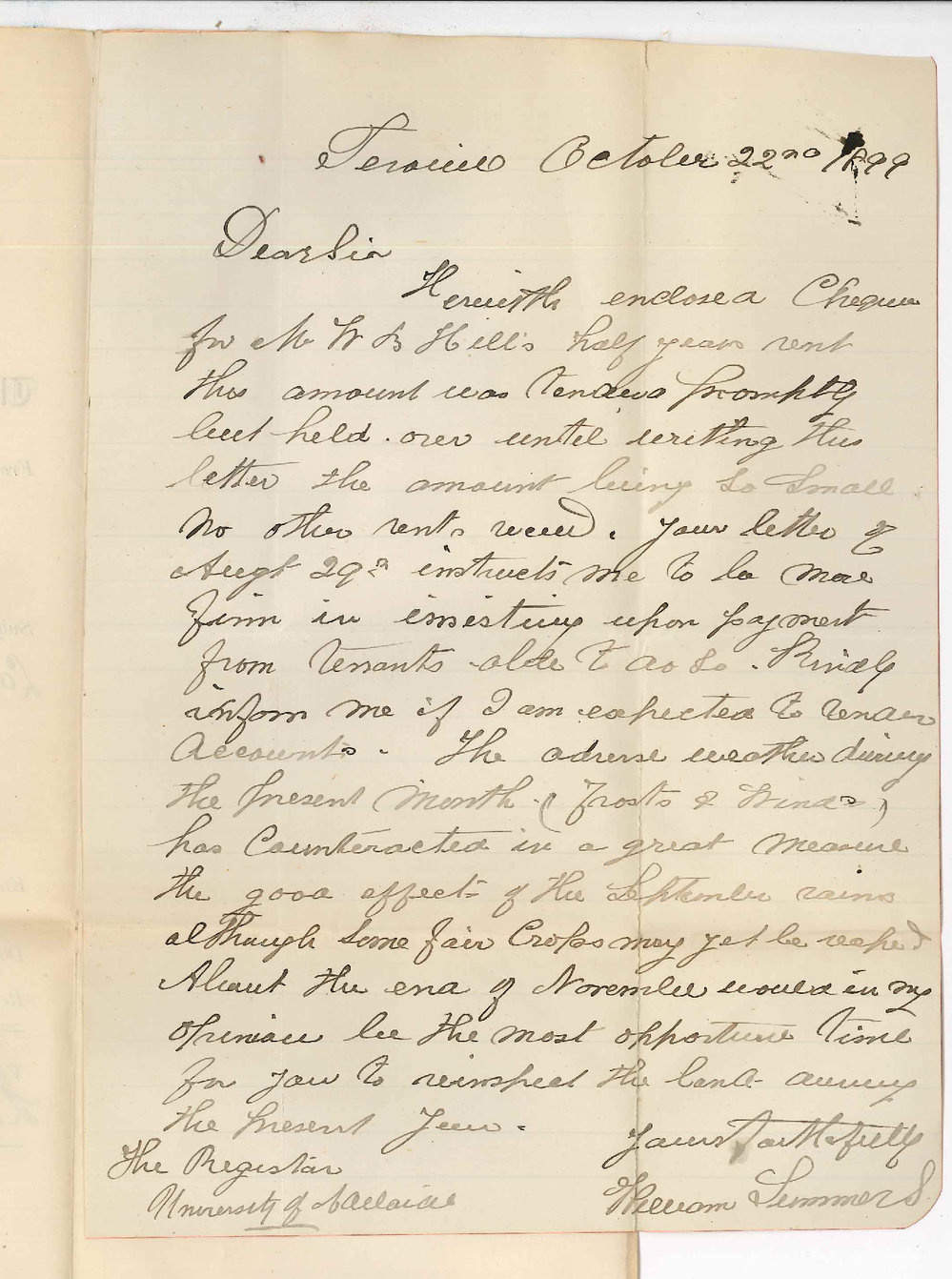 William Summers - Terowie - Concerning University Lands at Terowie