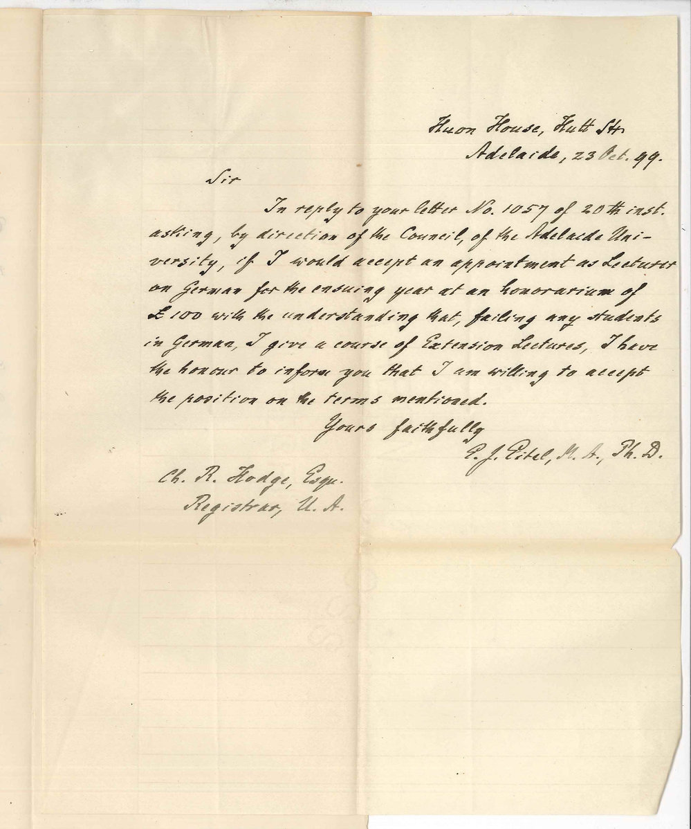 E J Eitel - Adelaide - Accepting appointment as Lecturer on German