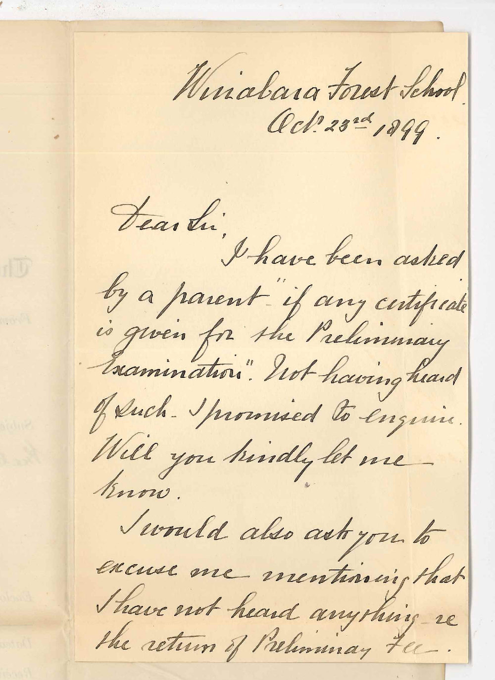 Thomas S Oborn - Wirrabara Forest School - Return of sons Preliminary Exam fee