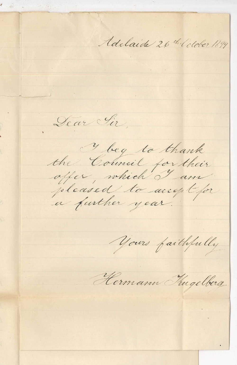 Hermann Kugelberg - Adelaide - Thanking Council for appointment