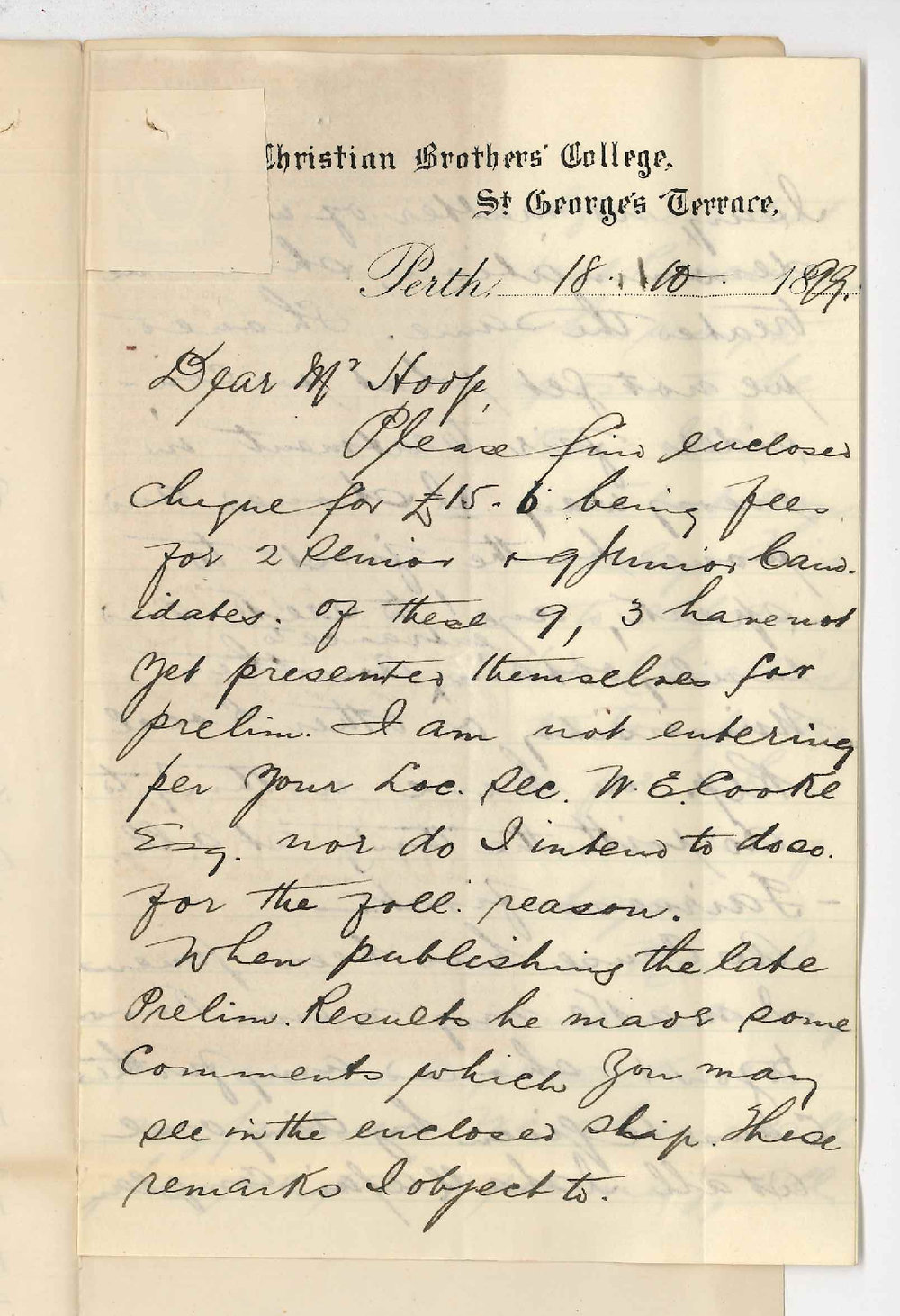 Reverend W G Culligan - Christian Brothers College - Perth - Concerning publication of Preliminary results