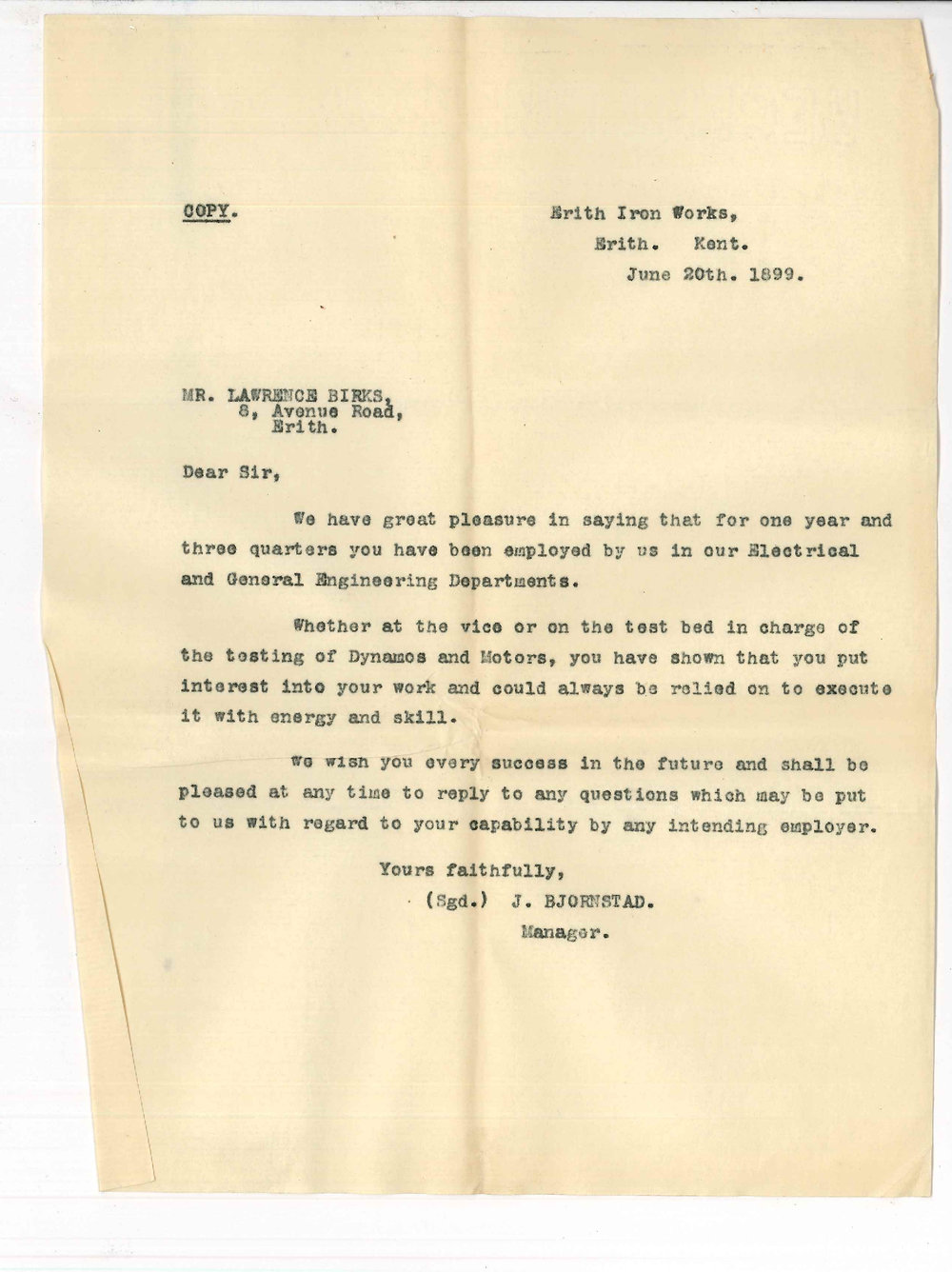Lawrence Birks - J Bjornstad - Manager Erith Iron Works - Kent England - Proceedings in England