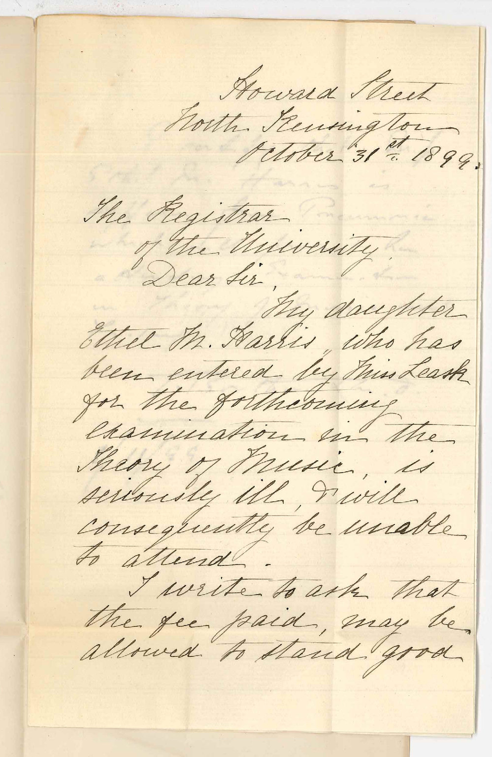 C H Harris - Kensington - Withdrawing Miss E M Harris from Junior Theory Examination