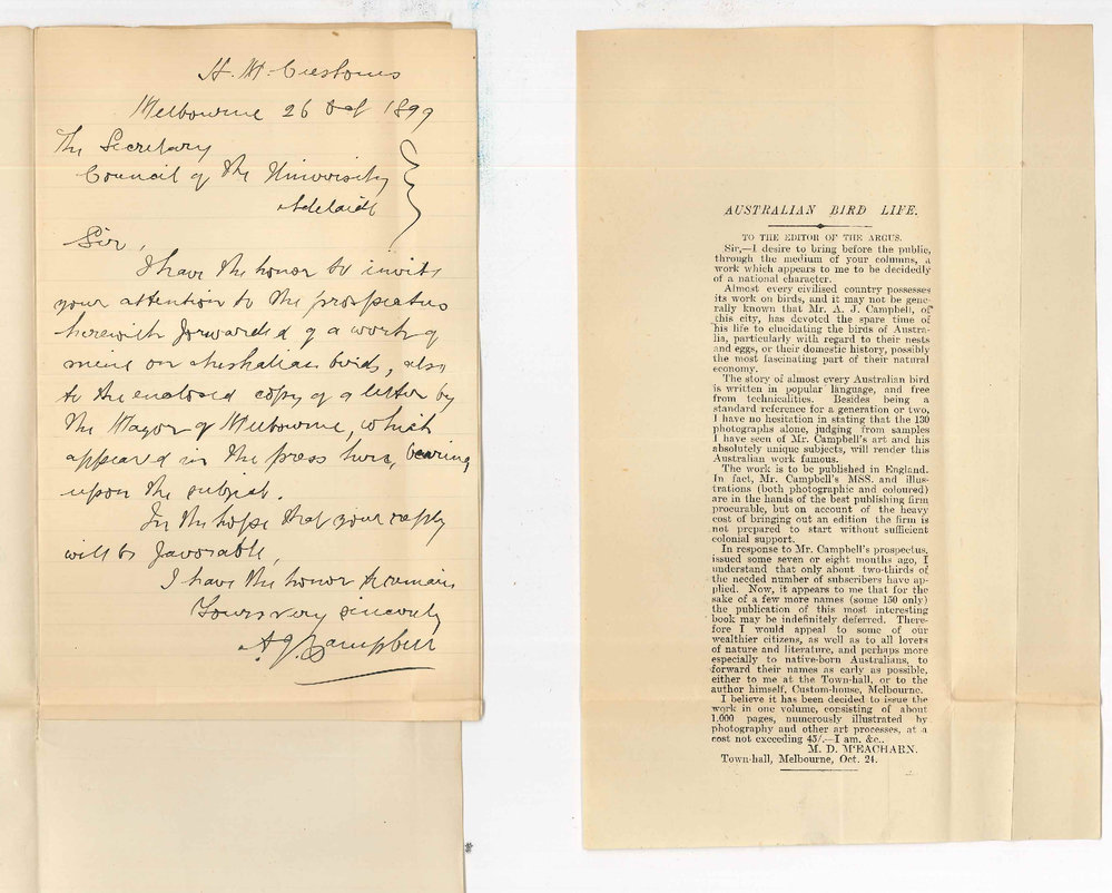 A J Campbell - Melbourne - Forwarding prospectus of Book on Australian Birds