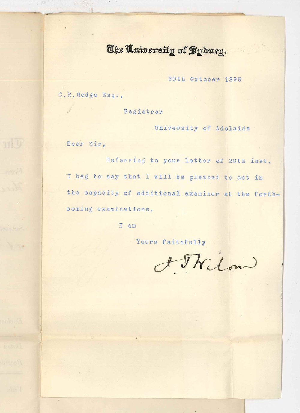 Professor J T Wilson - University of Sydney - Consenting to act as Examiner