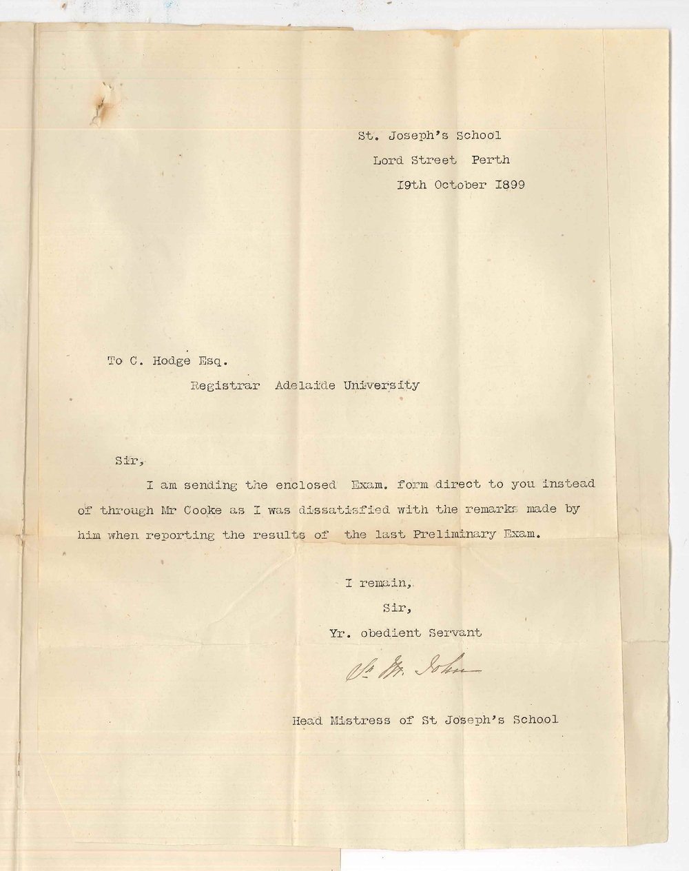 Loretto Convent - Wicklyffe Ladies College - St Josephs School - Perth - Complaint against action of Local Secretary in Publishing Preliminary results