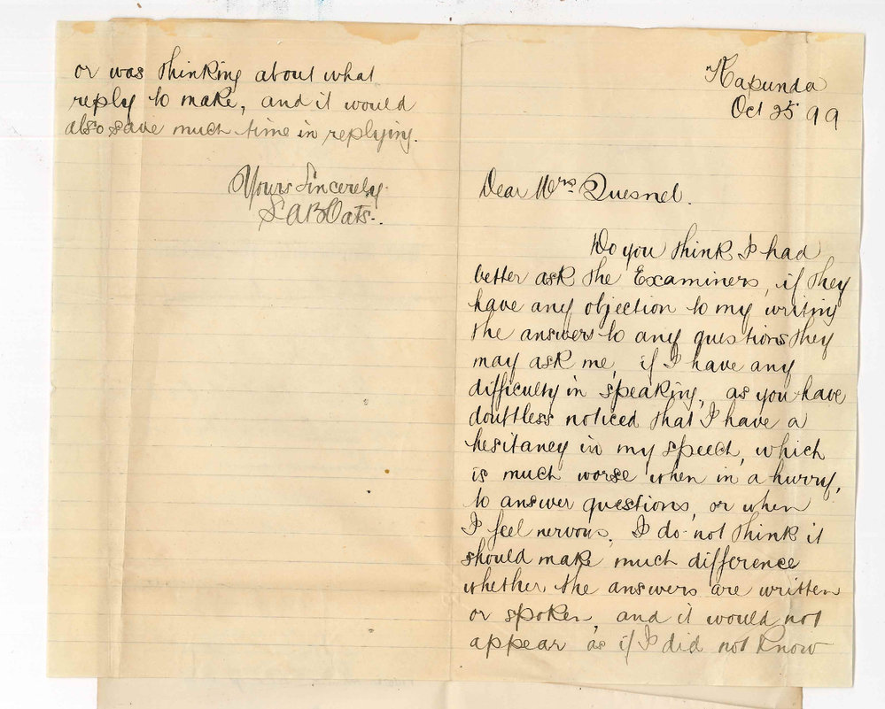 Mrs Annie M Quesnel - Glenelg - Request that Mr S A B Oats may write his replies in Music Examination