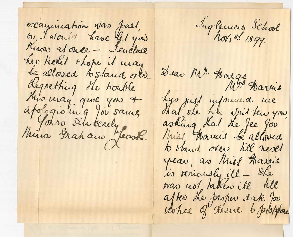 Miss Nina Graham Leask - Inglemere School - Withdrawing Ethel Harris from Junior Theory Examination