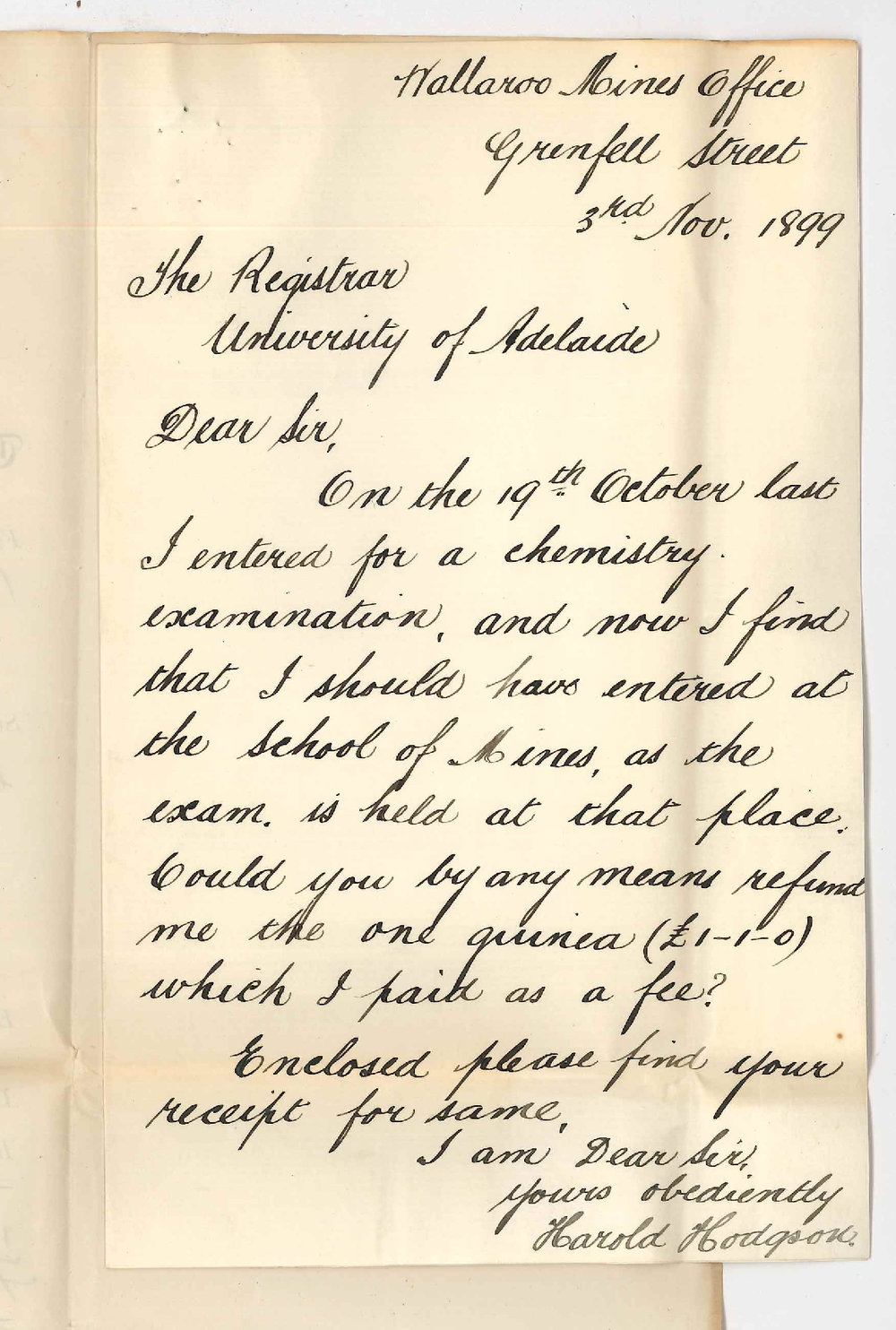 Harold Hodgson - Wallaroo Mines Office - Requesting refund of Higher Public Exam fee