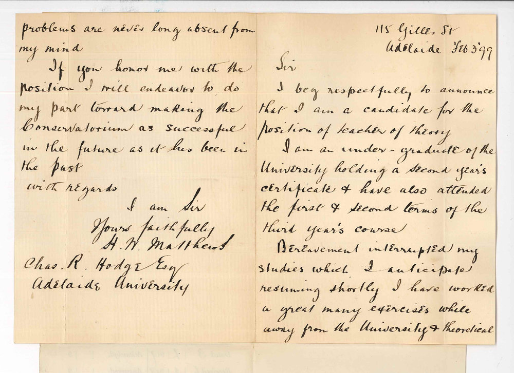 H W Matthews - 115 Gilles Street - Application Teacher of Theory at Conservatorium