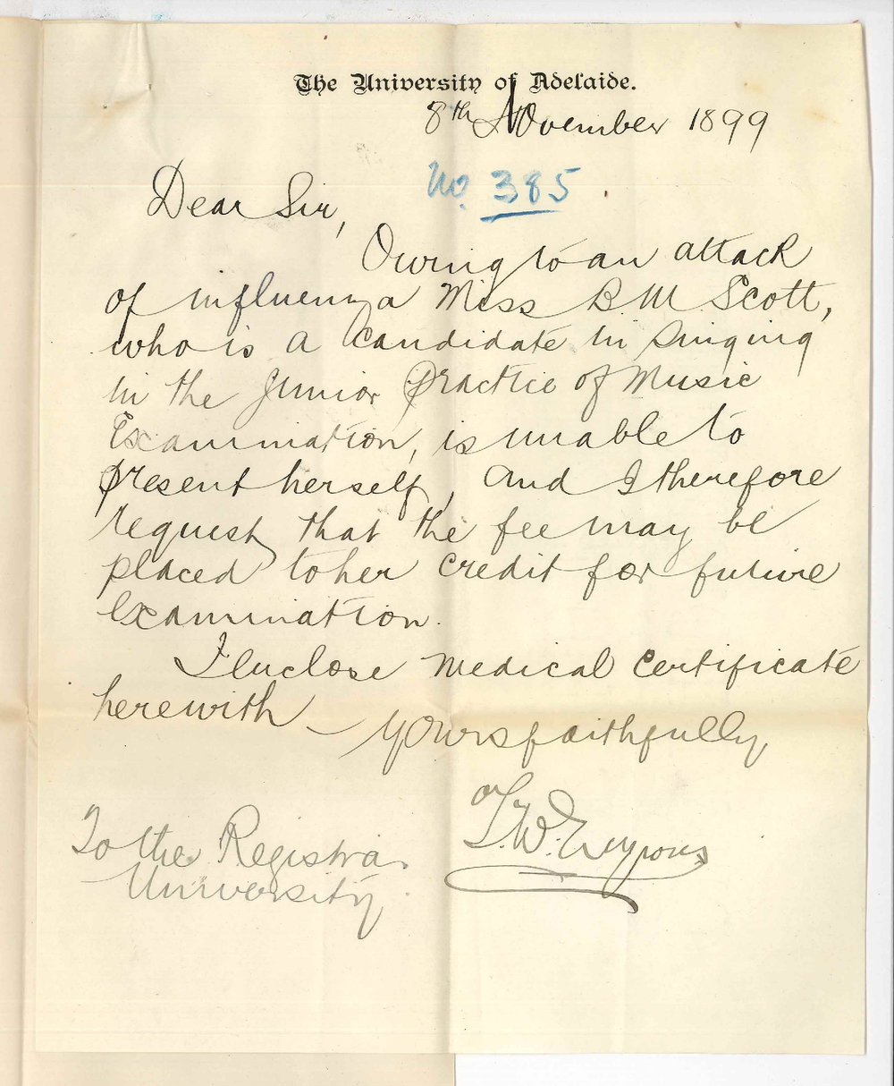 T W Lyons - The University - Miss B M Scott unable to attend Music Exam