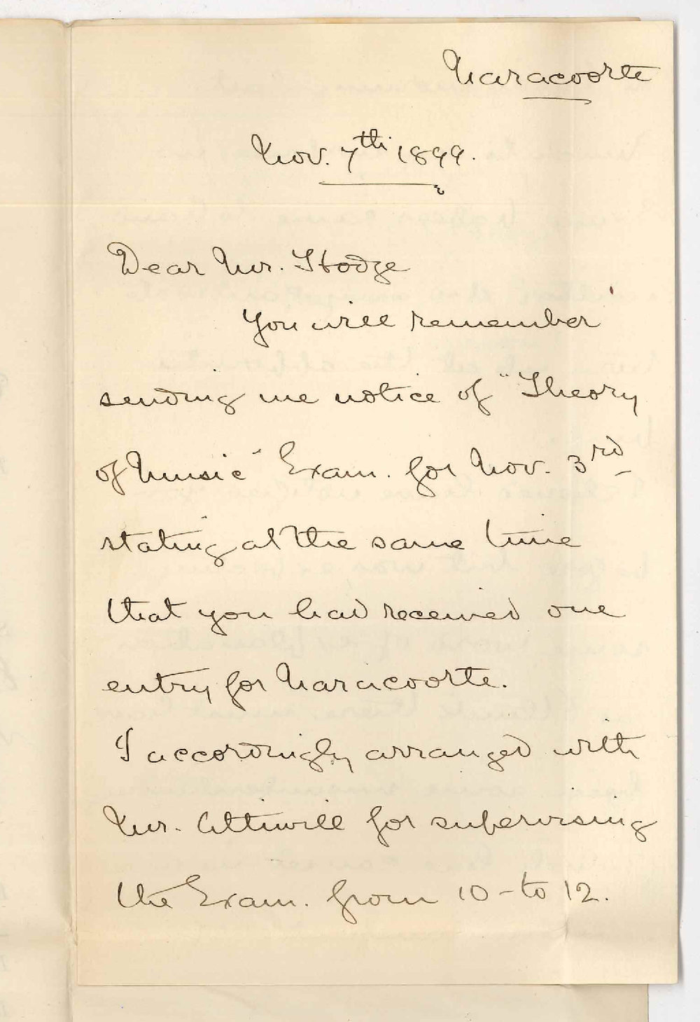 Reverend S J Bloyd - Narracoorte - Theory of Music Examination at Narracoorte