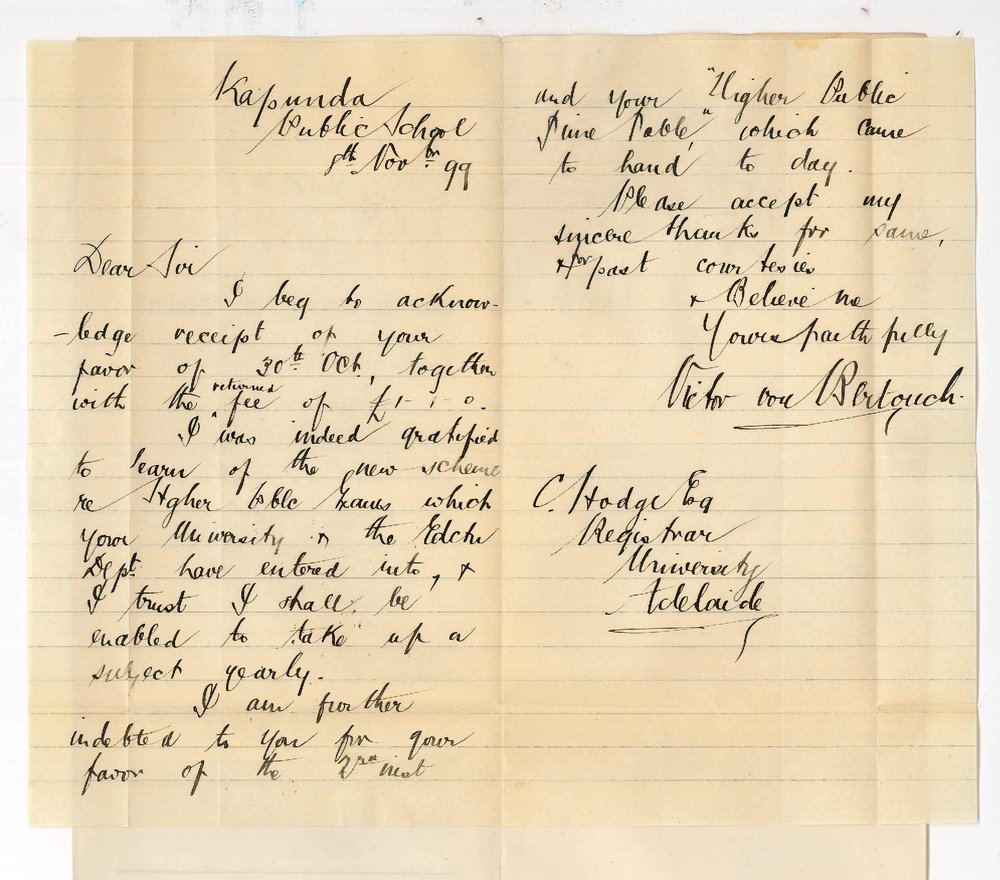 Victor von Bertouch - Kapunda - Thanks for return of higher public fee