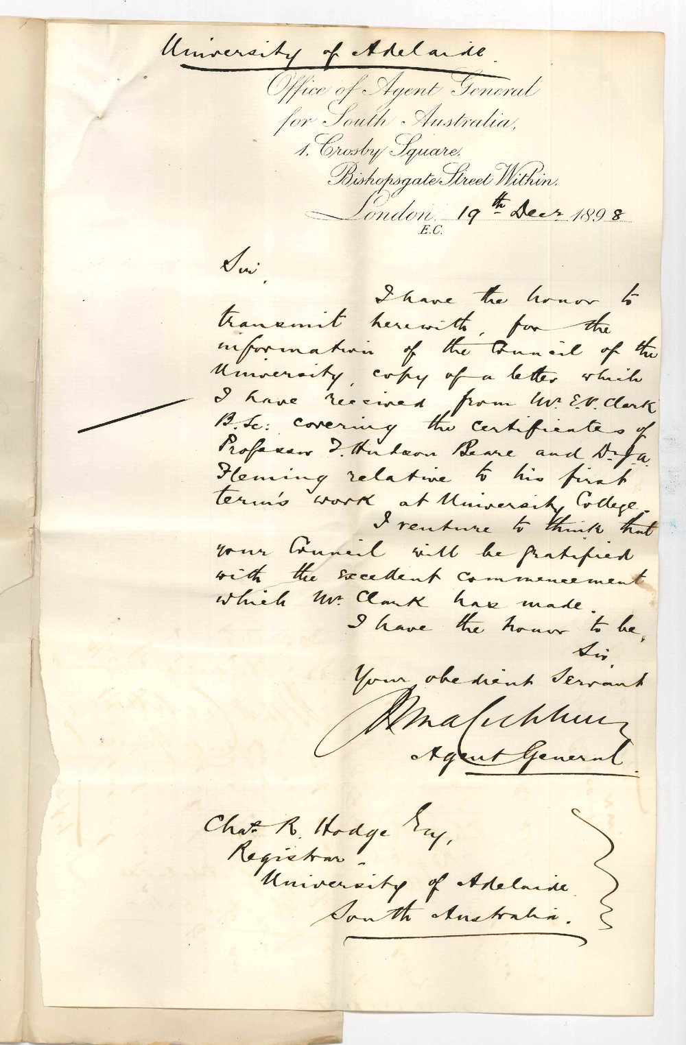 The Agent General - London - Concerning the progress of Mr E V Clark Angas Scholar