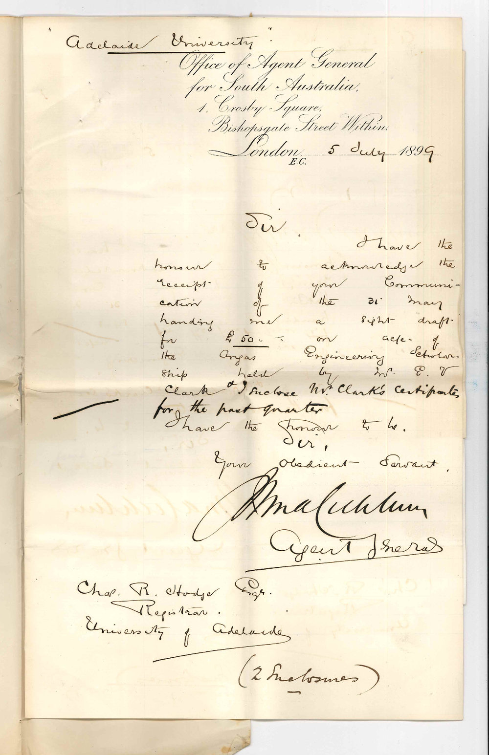 The Agent General - London - Acknowledging receipt of draft for &pound;50 and forwarding Mr Clarks Certificates