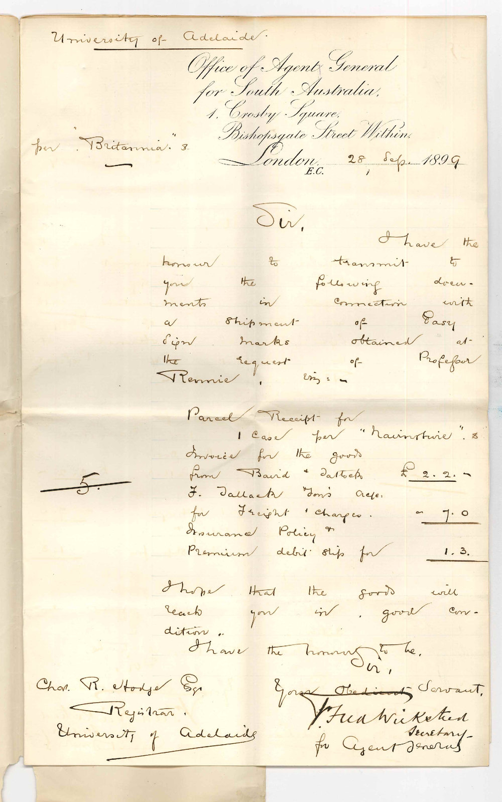 The Agent General - London - Forwarding Details re Brittania