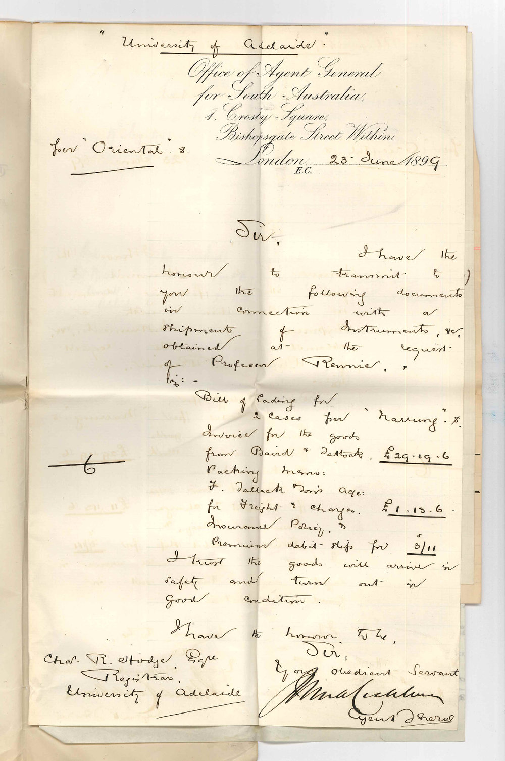 The Agent General - London - Forwarding Details of Professor Edward Henry Rennie Shipment