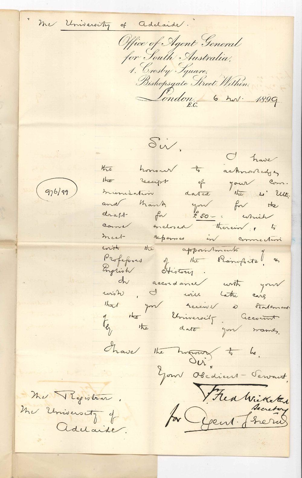 The Agent General for SA - London - Acknowledging receipt of Draft for &pound;50 for Expenses re Appointments